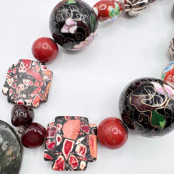 Handmade Chunky Beaded Necklace Unakite Cloisonné Ceramic Glass Eclectic Heavy - Picture 4 of 16